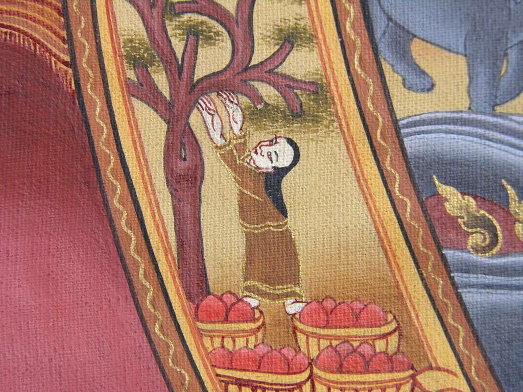 Tibetan Buddhism Wheel Of Life 07 09 Grasping - Woman Picking Fruit In the ninth link, craving has turned into the action of grasping, shown by a woman trying to pluck a fruit from a tree. The fruit is an ancient symbol for earthly desires. In addition to getting rid of what you don�t like, grasping includes the desire to get more of what you want ranging from material and sensual pleasures to fame, social status and control over others.
